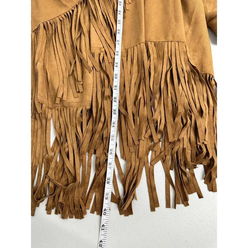 Chicos Faux Suede Fringe Wrap Jacket Cognac Brown Size 3 XL 16/18 Western Boho